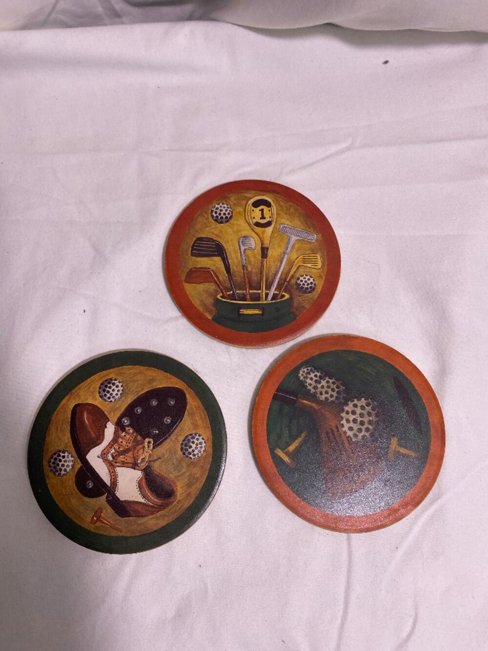 Vintage Golf Theme Cork Back Coaster Set of 3 Wooden Drink Coasters Clubs Shoes